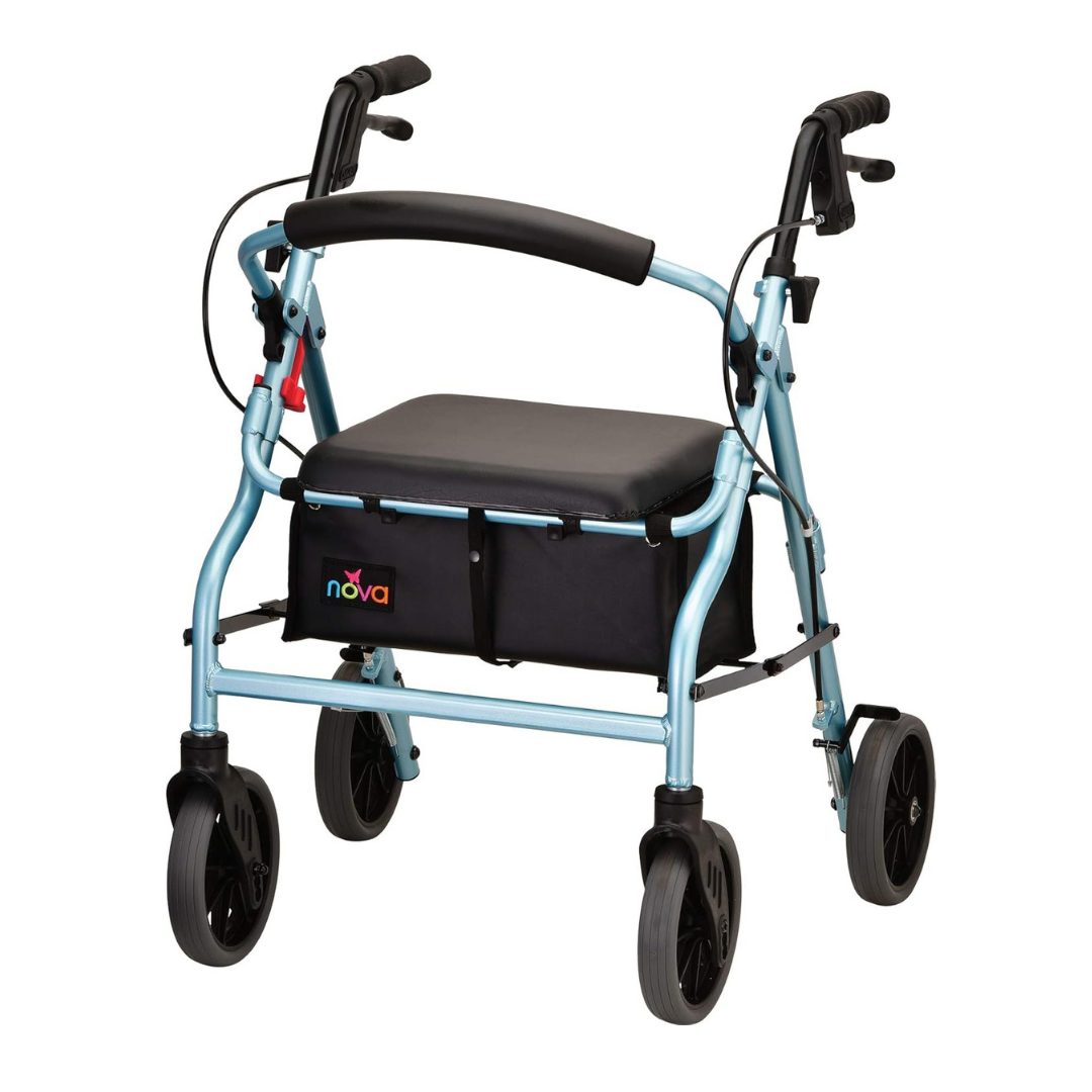 The Nova Medical Zoom Rollator Rolling Walker features a light blue frame, padded seat, black handles, hand brakes, storage pouch with nova label, and Lock n’ Load mechanism for easy transport. Available in 4 sizes.